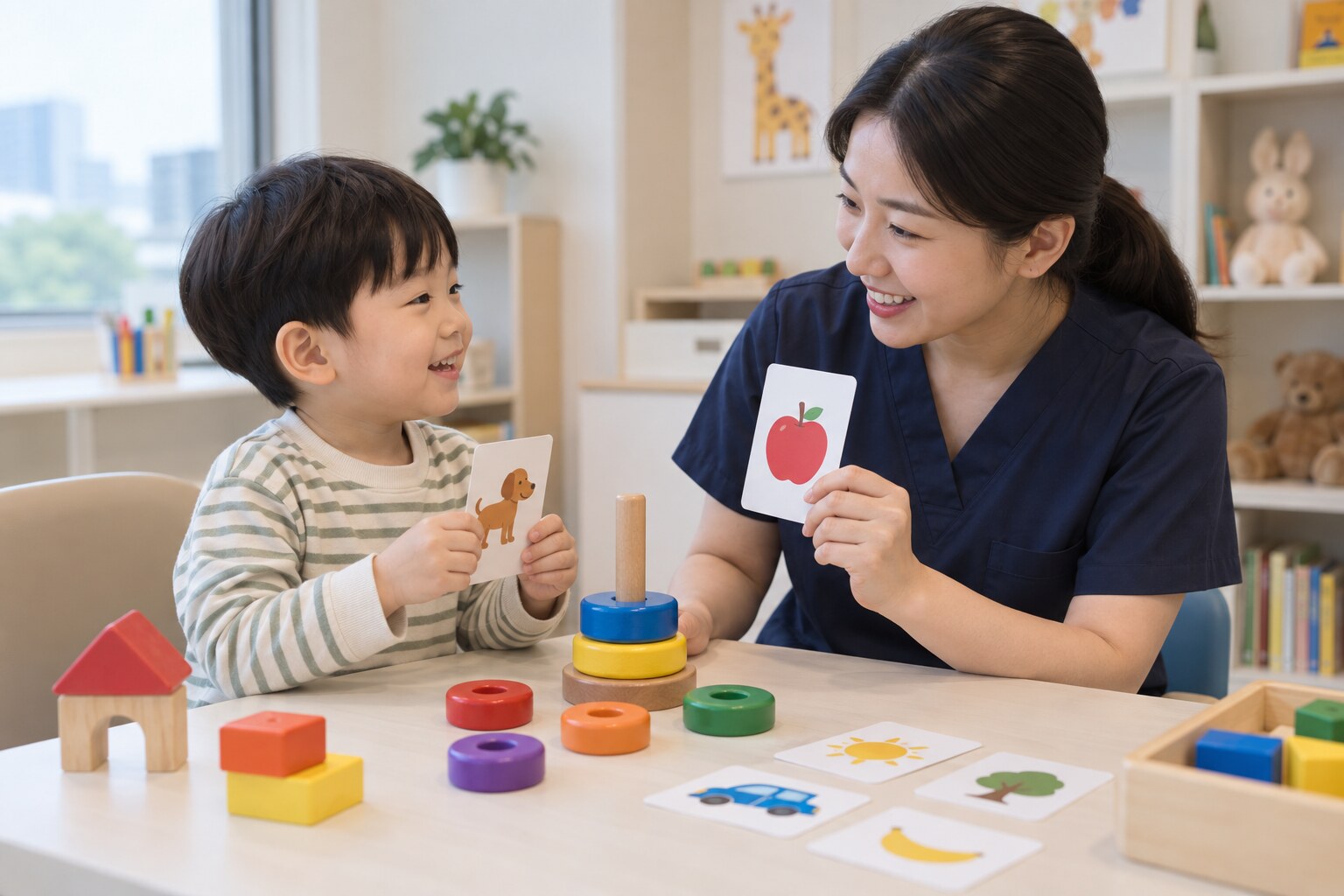 어린이가 치료사와 그림 카드와 블록을 활용해 놀이 기반 재활 활동을 하는 장면