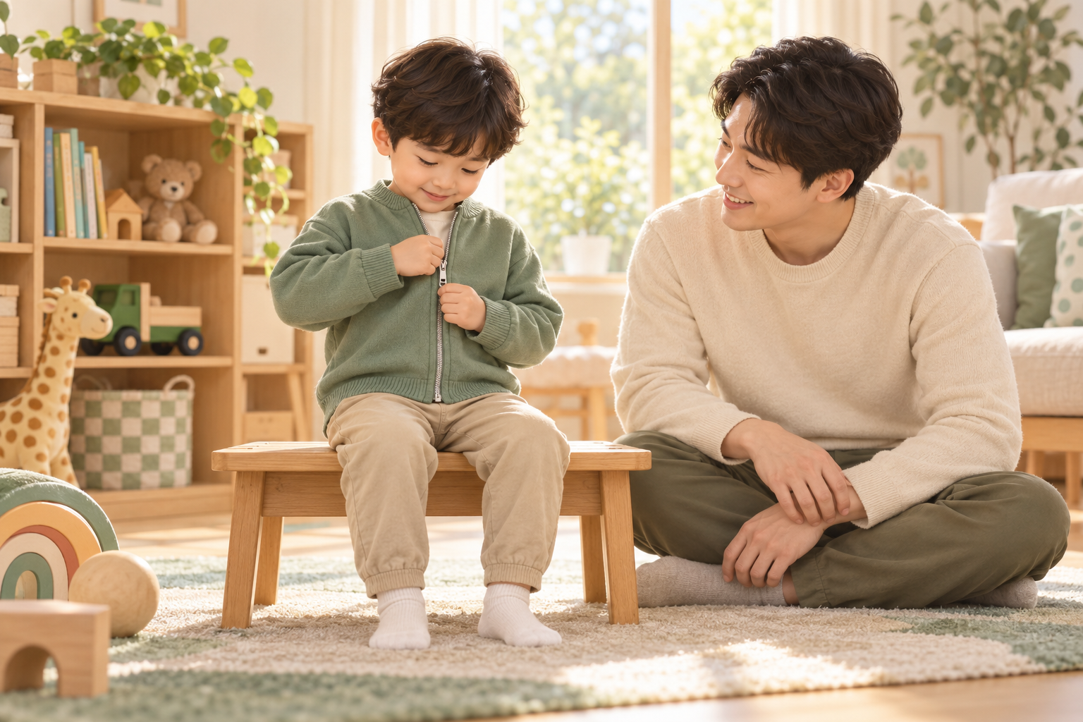 아이가 지퍼 올리기를 시도하고 아버지가 곁에서 지켜보는 설명 이미지