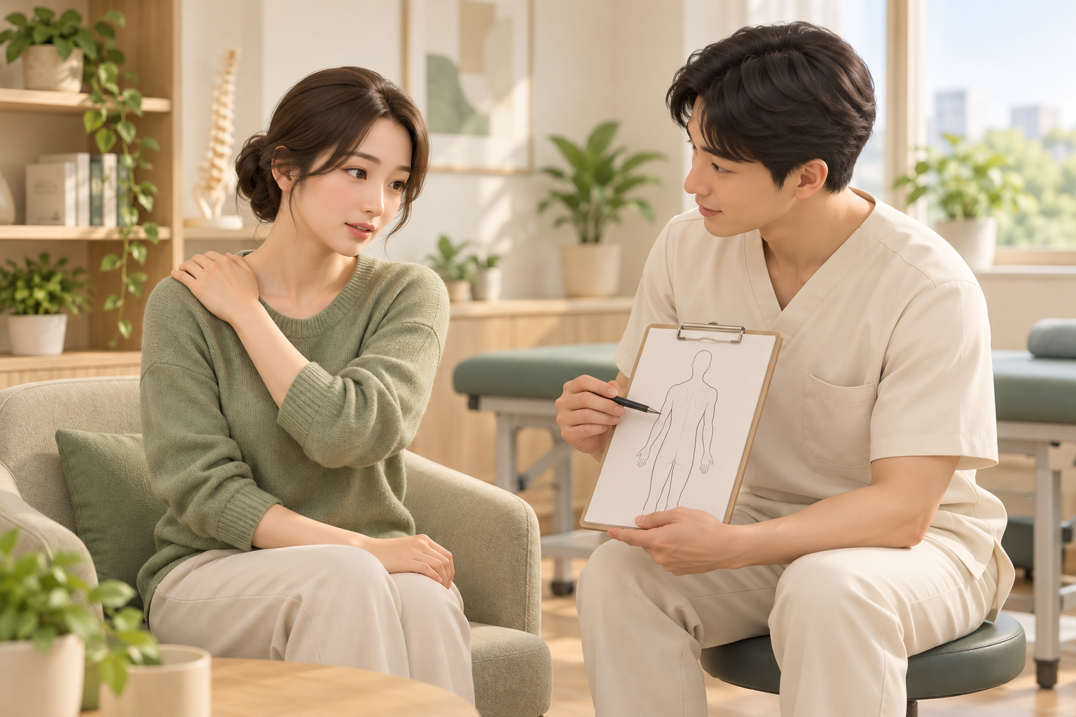 물리치료 상담에서 어깨 불편을 설명하는 성인과 의료진의 일러스트
