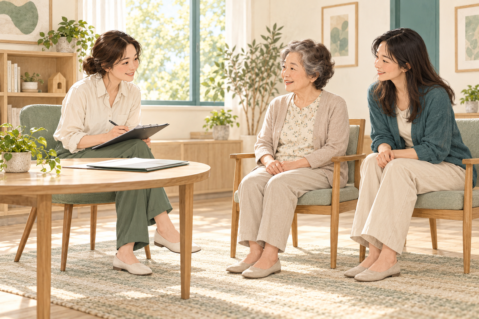 고령 여성과 보호자가 의료진에게 보행과 균형 변화를 상담하는 일러스트
