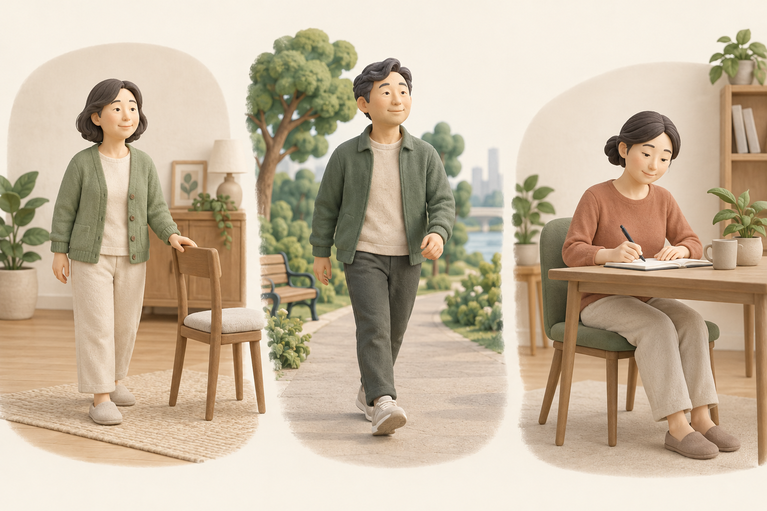 집안 이동과 걷기, 책상 활동 등 일상 속 재활 목표를 표현한 일러스트