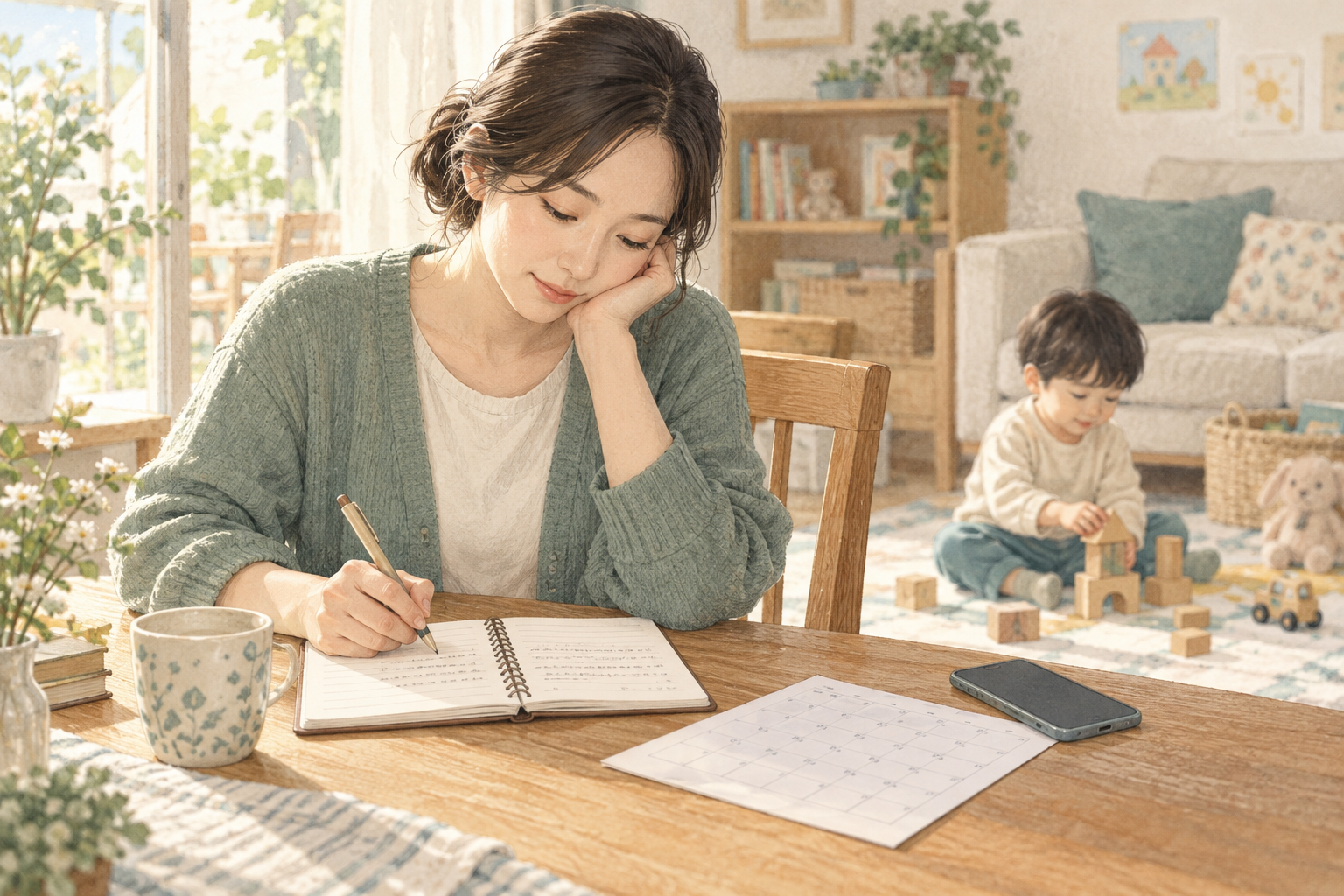 아이의 생활 속 변화를 메모하며 소아 보행 상담을 준비하는 보호자의 일러스트