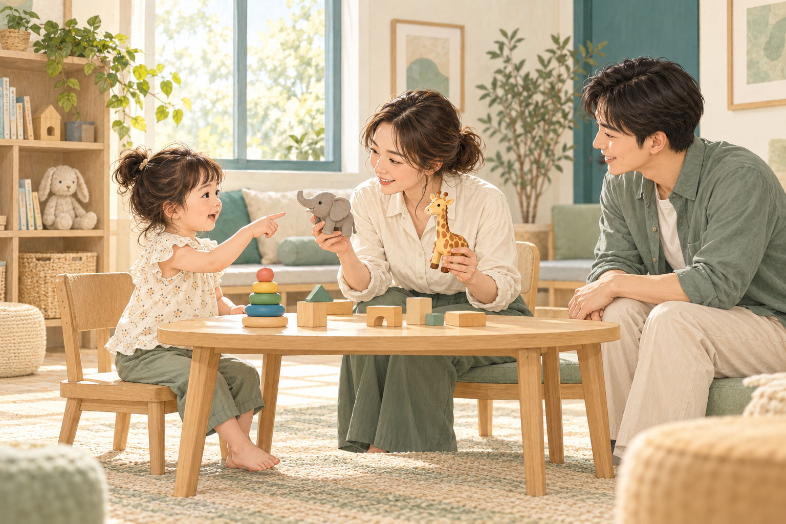 아이와 보호자가 놀이를 통해 언어발달과 의사소통을 상담하는 일러스트