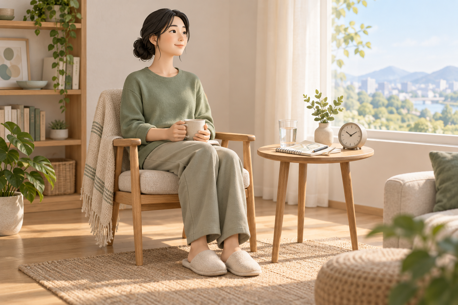 집에서 활동 사이에 휴식하며 생활을 관리하는 성인의 일러스트